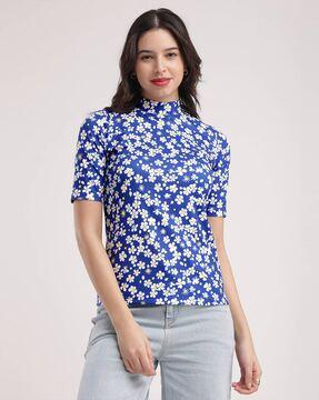 women floral print regular fit high-neck t-shirt