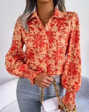 women floral print regular fit shirt with full sleeves