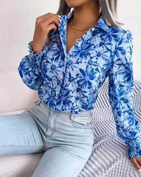 women floral print regular fit shirt with full sleeves