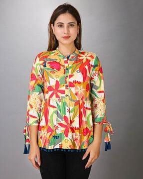 women floral print regular fit top with band collar neck