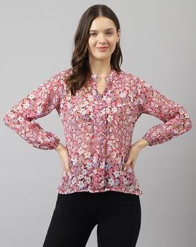 women floral print regular fit top with mandarin collar