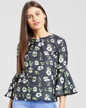 women floral print regular fit top with round neck
