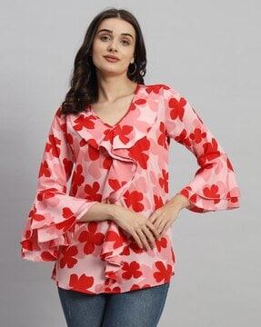 women floral print regular fit top with ruffled detail