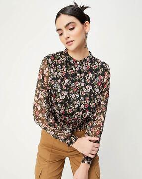 women floral print regular fit top with smocked waist