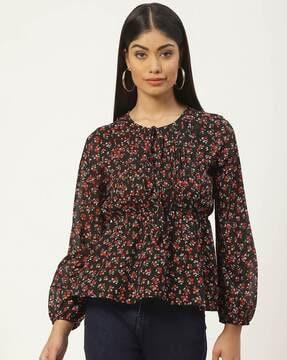 women floral print regular fit top with tie-up neck