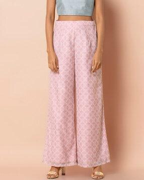 women floral print relaxed fit flat-front palazzos