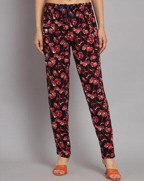 women floral print relaxed fit flat front trousers with drawstring waist