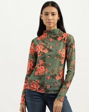 women floral print relaxed fit high-neck t-shirt