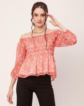 women floral print relaxed fit off-shoulder top