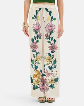 women floral print relaxed fit pleated trousers