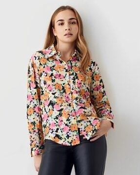 women floral print relaxed fit shirt with spread collar