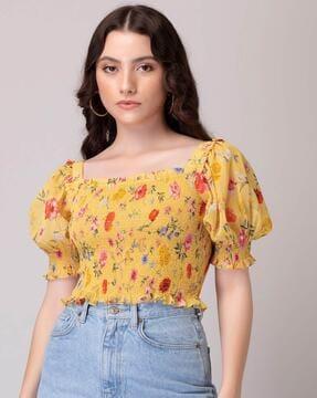 women floral print relaxed fit smoked top