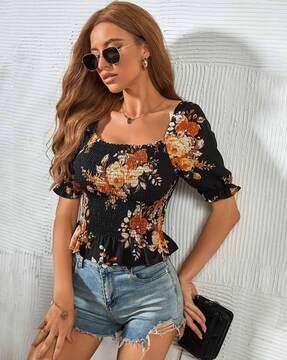 women floral print relaxed fit square-neck top