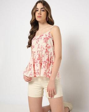 women floral print relaxed fit strappy top