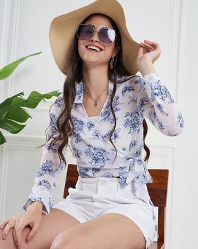 women floral print relaxed fit top with tie-up