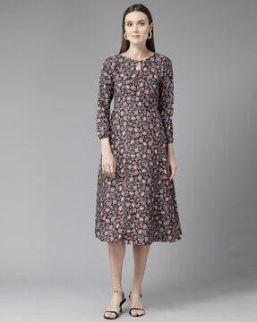 women floral print round-neck a-line dress