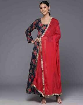 women floral print round-neck anarkali kurta with dupatta