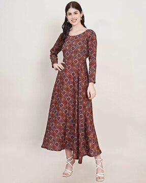 women floral print round-neck fit & flare dress