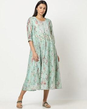 women floral print round-neck fit & flare dress