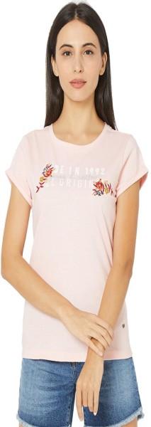 women floral print round neck pure cotton pink t-shirt