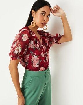 women floral print ruffled v-neck top