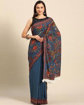 women floral print saree with contrast border & tassels