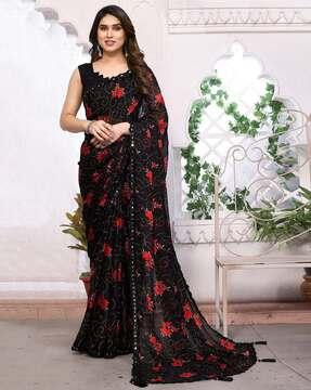 women floral print saree with contrast border