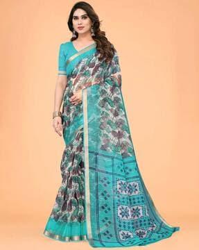 women floral print saree with contrast border