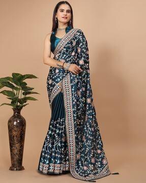 women floral print saree with contrast border