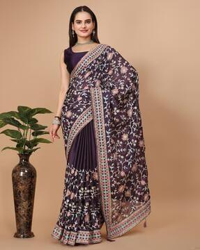 women floral print saree with contrast border