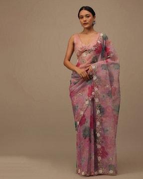 women floral print saree with contrast border