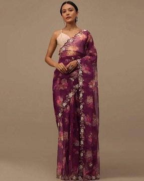 women floral print saree with contrast border