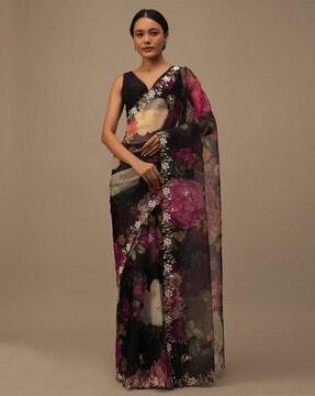 women floral print saree with contrast border