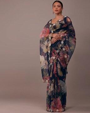 women floral print saree with contrast border