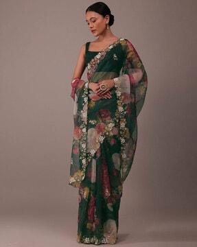 women floral print saree with contrast border