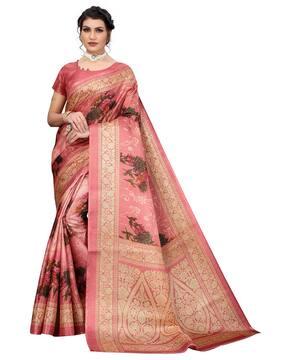 women floral print saree with contrast border