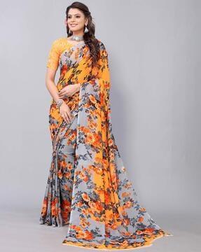 women floral print saree with contrast border