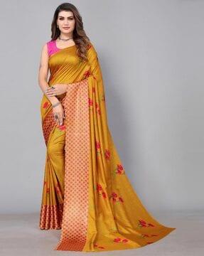 women floral print saree with contrast border