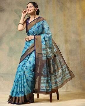 women floral print saree with contrast border