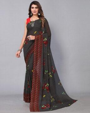 women floral print saree with contrast border