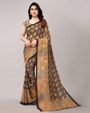 women floral print saree with contrast border