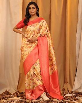 women floral print saree with contrast border