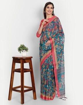 women floral print saree with contrast border