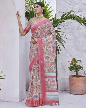 women floral print saree with contrast border