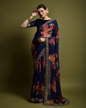 women floral print saree with contrast border