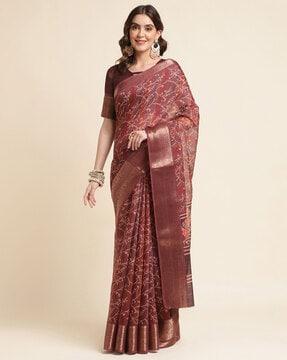 women floral print saree with contrast border