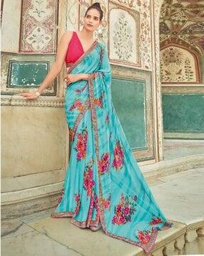 women floral print saree with contrast border