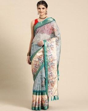 women floral print saree with contrast border