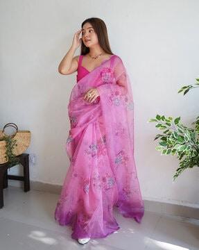 women floral print saree with contrast border