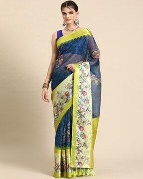 women floral print saree with contrast border